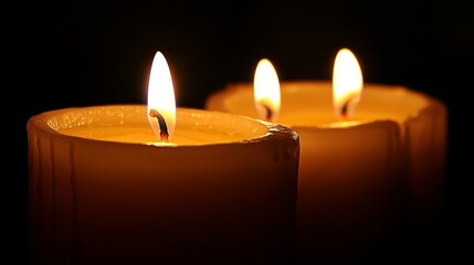 Warm and Serene Atmosphere Created by Lit Candles in a Dark Room. The Soft Glow of Flames Enhances the Calm and Tranquil Ambiance, Adding a Sense of Peacefulness and Relaxation.