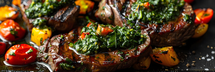 Grilled Steak with Chimichurri Sauce and Vegetables - Photo