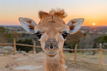 Obraz premium Close up of a giraffes face at sunset with a warm golden glow symbolizing the beauty of wildlife and the serene atmosphere of nature captured in rich vibrant colors