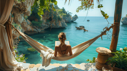A young Barefoot woman sitting in hammock in a beach side holding a book