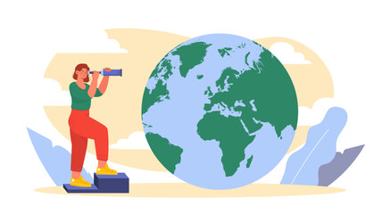 Woman look at world. Young girl with telescope looks at globe. Tourism, active lifestyle and hiking. Travel around planet Earth. Flat vector illustration