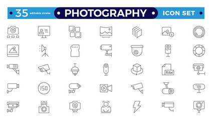 Photography icon set. Camera, photographer, video, photo, and more. Photography studio. Camera icon set. Take photo and video camera icons collection—editable stroke outline icon. 