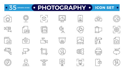 Photography icon set. Camera, photographer, video, photo, and more. Photography studio. Camera icon set. Take photo and video camera icons collection—editable stroke outline icon. 