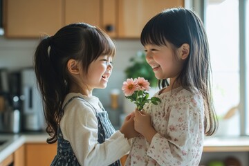 A Japanese mother surprised by her daughter hiding a flower behind her back, bright kitchen setting. High-resolution, detailed textures, crisp focus