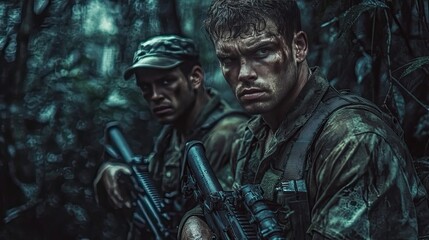 Two Soldiers Camouflaged in Dense Foliage, Holding Rifles