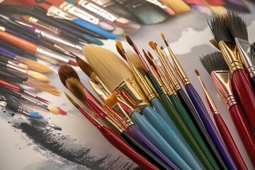 An array of paintbrushes, each with varying bristle types and sizes