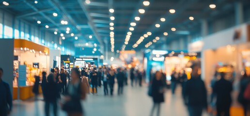 Panoramic view of people from different backgrounds interacting in a busy trade show setting, with long exposure capturing the energetic movement.