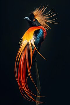 Golden bird of paradise posing with its long orange feathers