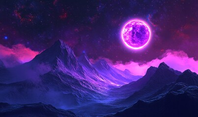 Ethereal Neon Dreamscape: Abstract Cosmic Landscape with Nebulae, Moons, and Mountains. Silhouettes of Zodiac Constellations Merge with Misty Fantasy World. Purple 3D Illustration for Anime-inspired N