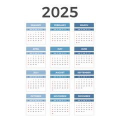 Vertical 2025 Calendar, week starts on Sunday, vector eps10 illustration