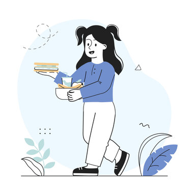 recommend clip art: Girl with lunch box. Schoolgirl walks with sandwich, juice and apple in her hands. Meals for schoolchildren. Hungry kid with lunchbox. Linear vector illustration
