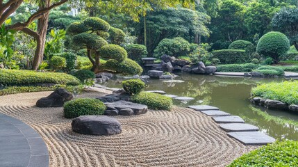 Serene Japanese Garden with Pond and Stone Path