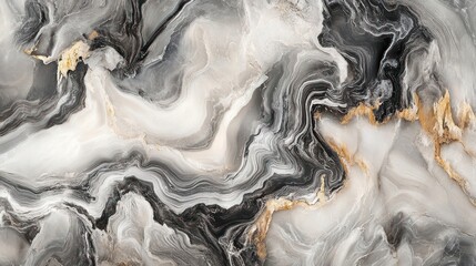 Abstract Swirling Marble with Black, White, and Gold Veins