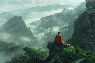Fototapeta premium A serene image depicting a monk in orange robes sitting peacefully atop a mountain, overlooking a misty green valley