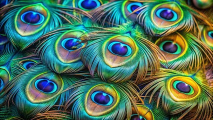 A close-up image of vibrant peacock feathers showcasing intricate details and stunning colors, peacock, feathers, colorful