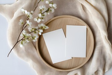 Flat lay of blank paper business cards with mockup copy space and flowers on wooden tray on neutral beige blanket background. Aesthetic minimal business template for social media. Flat lay, top view