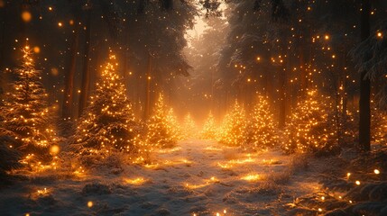 Naklejka premium Magical forest with Christmas trees and glowing lights, ideal for festive and holiday themes, isolated on transparent background, Generative AI