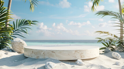 A sandy beach display podium set against a backdrop of a  sea and bright blue skies ,A stylish podium on a sandy beach, with a view of the peaceful sea and bright , perfect for showcasing summer produ