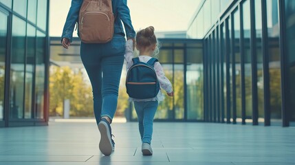 Fototapeta premium Mother and Daughter Walking Away with Back Packs