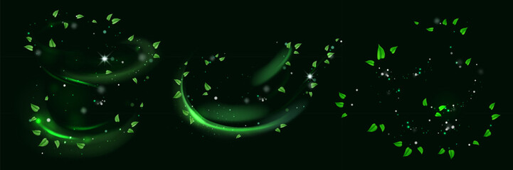 Green shiny line spiral spring wind effect with dust particles and leaves particles on black background. Concept of freshness, growth, spring, summer and ecology.