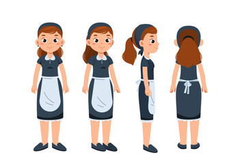 Fototapeta premium Female maid constructor. Woman in uniform. Kit for creating cartoons. Pack of character in different poses. Household chores and routine. Flat vector collection