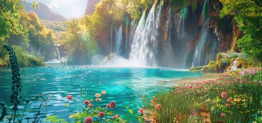 Waterfall Cascading Into a Tranquil Forest Lake