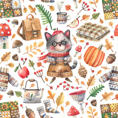 Cozy seamless pattern with a cute cat hiker, autumn leaves, mushrooms, forest huts. Bright, detailed background in cartoon style.