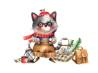 Cute cat tourist hiking hand drawn illustration. Kitten character, blanket, coffee pot, lantern and tourist mug.