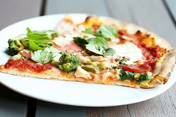 A Slice of Pizza with Broccoli, Spinach, and Basil