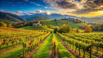 Fototapeta premium Vibrant vineyard nestled in the picturesque Vipava valley, Slovenia, vineyard, Vipava valley, Slovenia, landscape