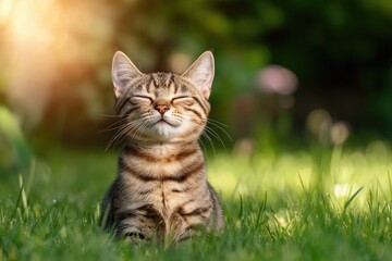 Fototapeta premium A playful tabby cat sitting in lush green grass, enjoying the warm sunlight in a serene outdoor setting.
