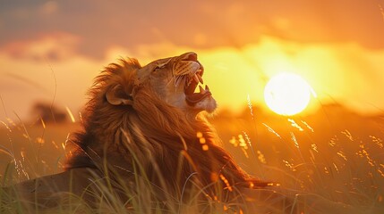 Naklejka premium A majestic lion roaring in the savanna with the sunset in the background, isolated on a green background