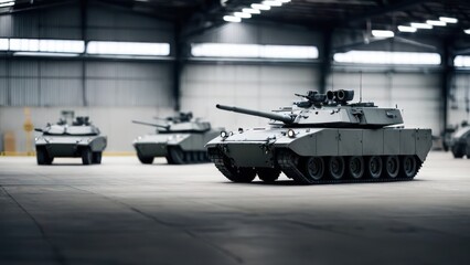  there are three military vehicles parked inside a building on the same truck,