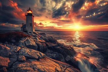 Lighthouse on a Rocky Coast at Sunset