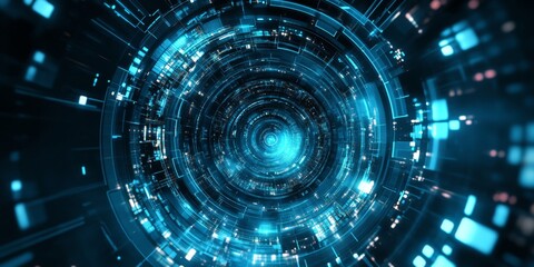 Obraz premium Futuristic Time Travel Concept: Abstract Technological Background with Clocks and Chronometry Elements. Innovative Blue Sci-Fi Design for Creative Marketing and Advertising. High-Tech Temporal Visuali