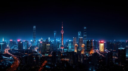 Naklejka premium Cityscape at night, illuminated skyline, urban center Background