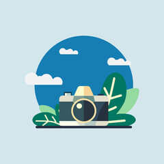 Flat Style Digital Camera With Nature Background Suitable for World Photography Celebration