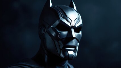  the batman costume has horns on his head and is ready to strike,