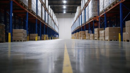  an empty warehouse has pallet aisles and boxes on it,