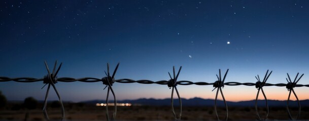  the barbed wire is at night near the horizon of a city - line fence on a snowy afternoon,