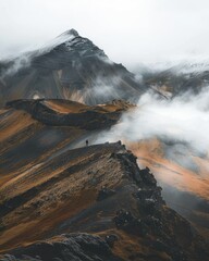 Foggy Mountain Landscape with Hikers