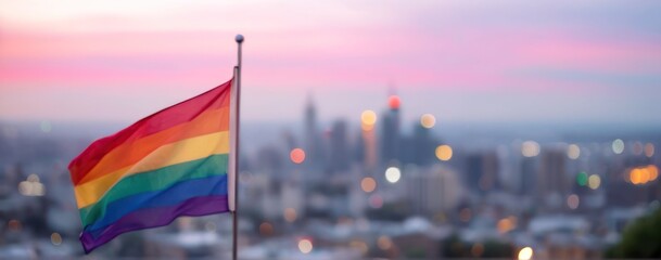 Obraz premium the rainbow flag is behind the city skyline and many other buildings on the roof top,