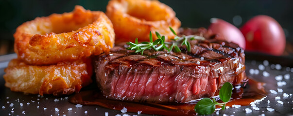 Grilled Steak with Onion Rings - Realistic Food Photography