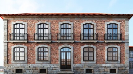 Fototapeta premium Exterior design of a multistorey building with brick walls and windows, located in Porto, Portugal.