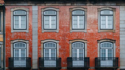 Obraz premium Exterior design of a multistorey building with brick walls and windows, located in Porto, Portugal.