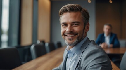 Fototapeta premium Portrait of a handsome business leader wearing suit sitting leaning on meeting table blurred background