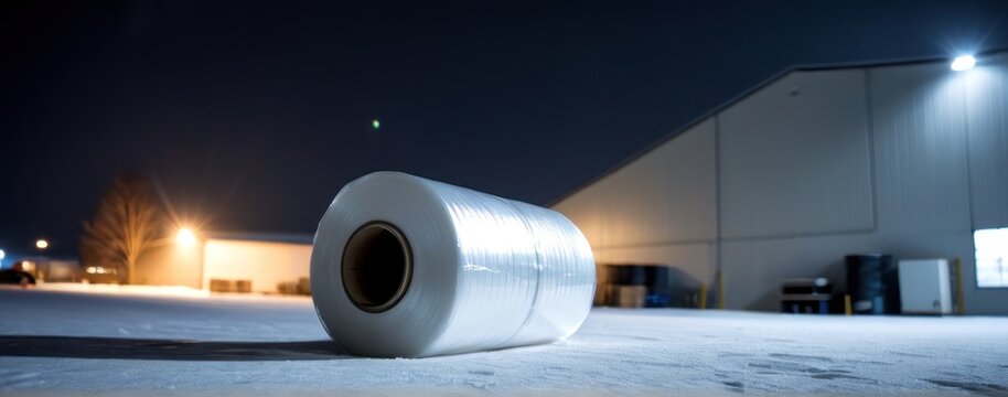  snow clops the ground after a snow storm hits an industrial warehouse in winter,