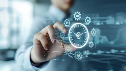 Project management concept, Planning the successful and efficient implementation of the project in the specified time period. Businessman touching project management icon on virtual screen. 