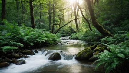 Fototapeta premium a stream in the woods near a forest bed and grass,