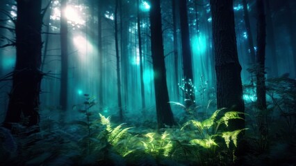 Fototapeta premium the light shines brightly through dark trees in a forest,